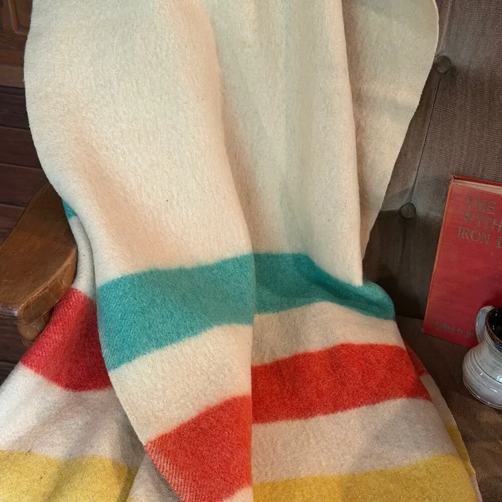 Vintage 60s JC Penny Polar Star Golden Dawn 100% Wool Striped Blanket Full Throw